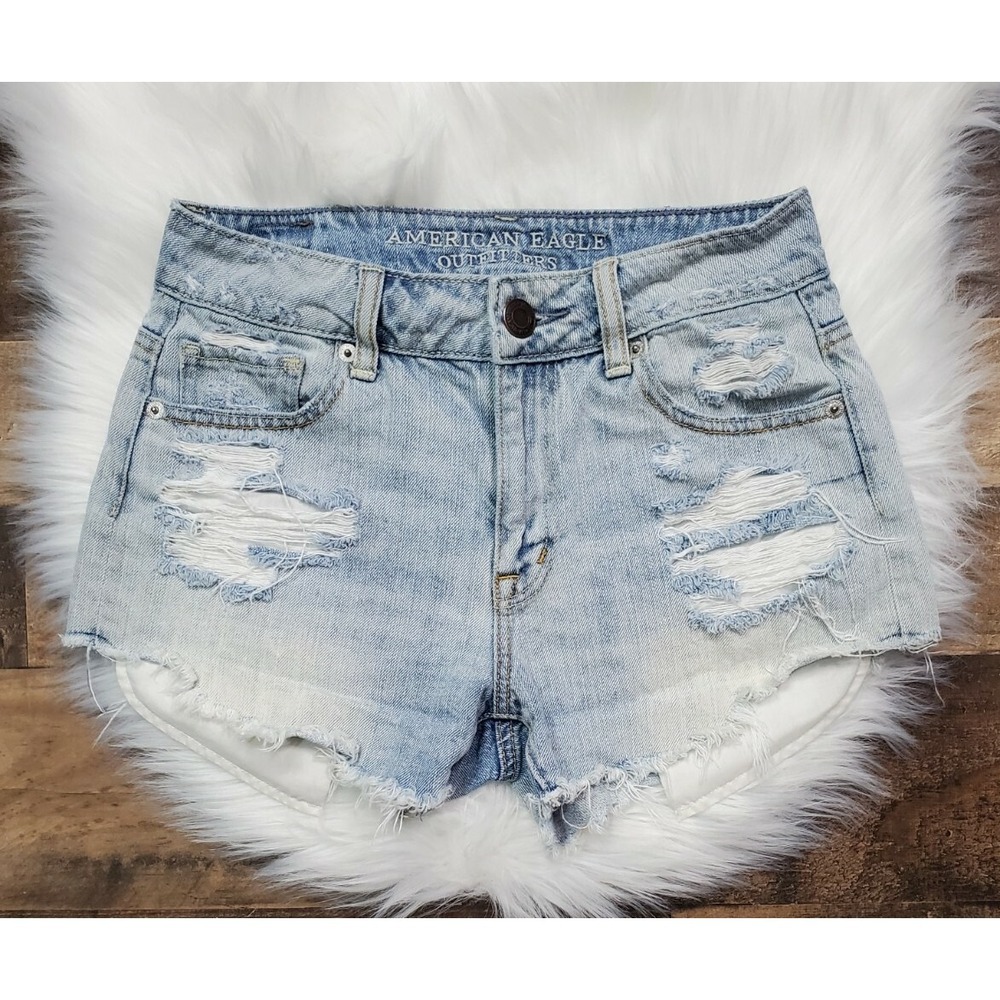 American Eagle Hi Rise Distressed Denim Shorts Women's size 0 Frayed Hem